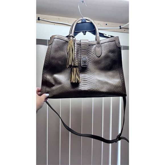 Claudia Firenze Olive Green Italian Leather Croc Embossed Tote Satchel Handbag - Picture 3 of 11